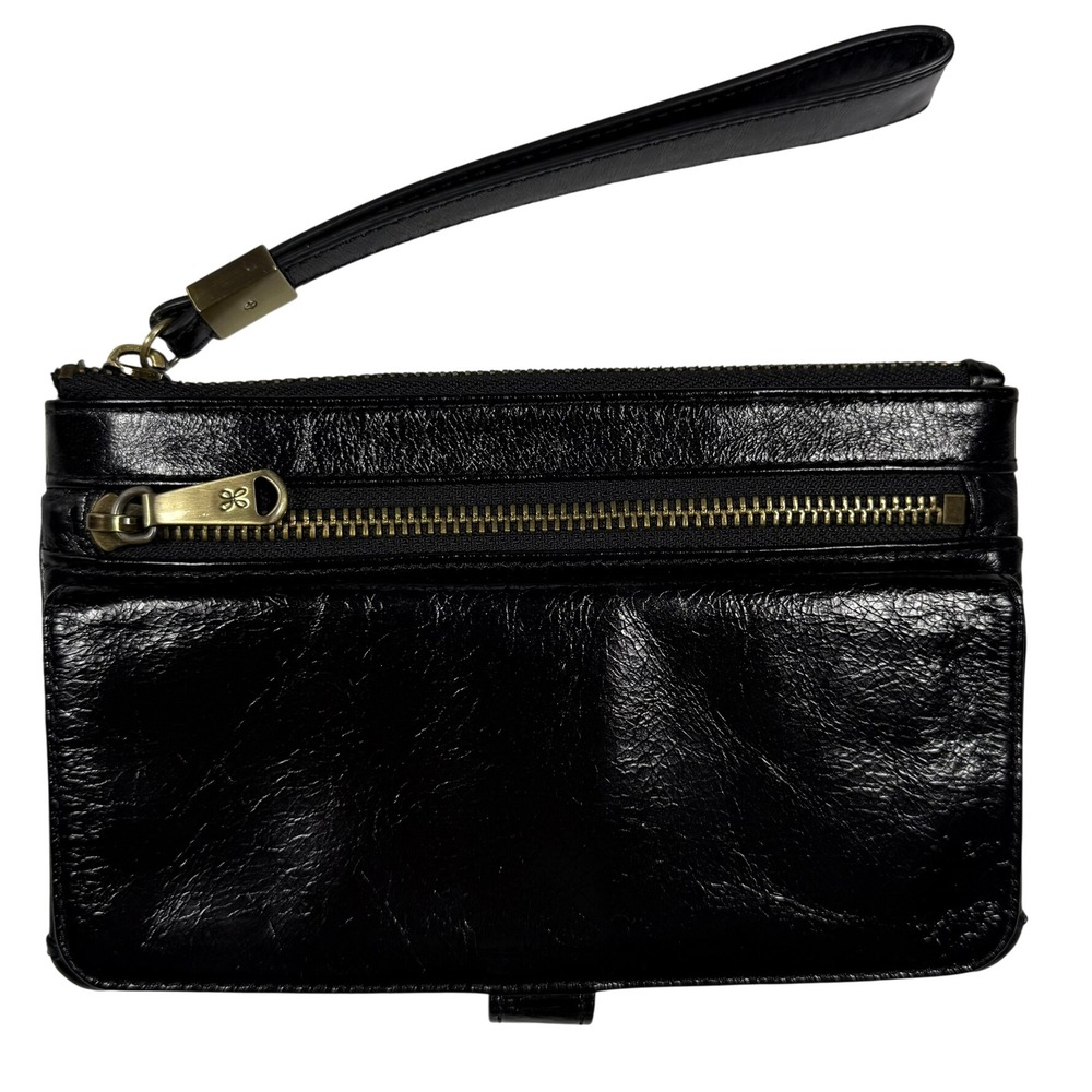 HOBO Black Leather Wristlet Wallet Clutch with Zip Around Closure and Card Slots